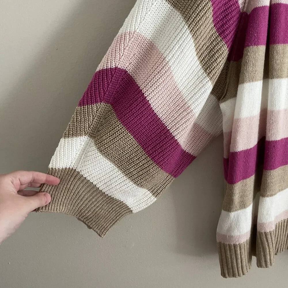 Lane Bryant Women 22/24 Stripe V-Neck 3/4 Balloon Sleeve Ribbed Cropped Cardigan